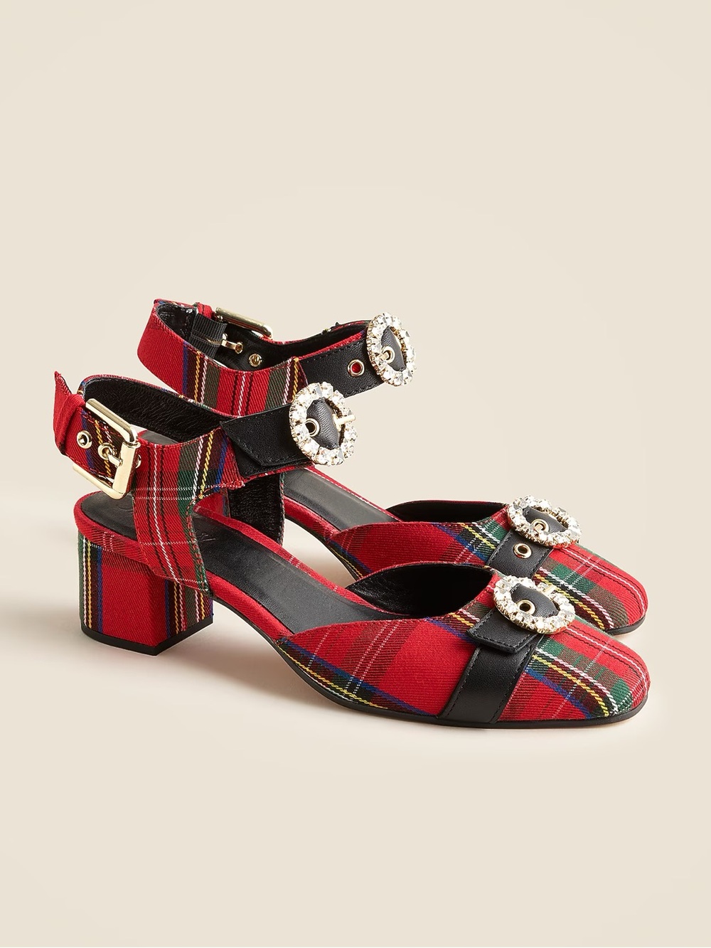 J. Crew Red Plaid Block Heel Sandals with Crystal Buckles